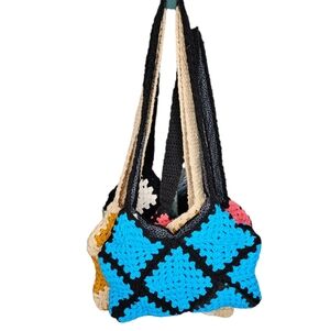 Handmade Crochet Granny Square Black & Turquoise Shoulder Bag Lined